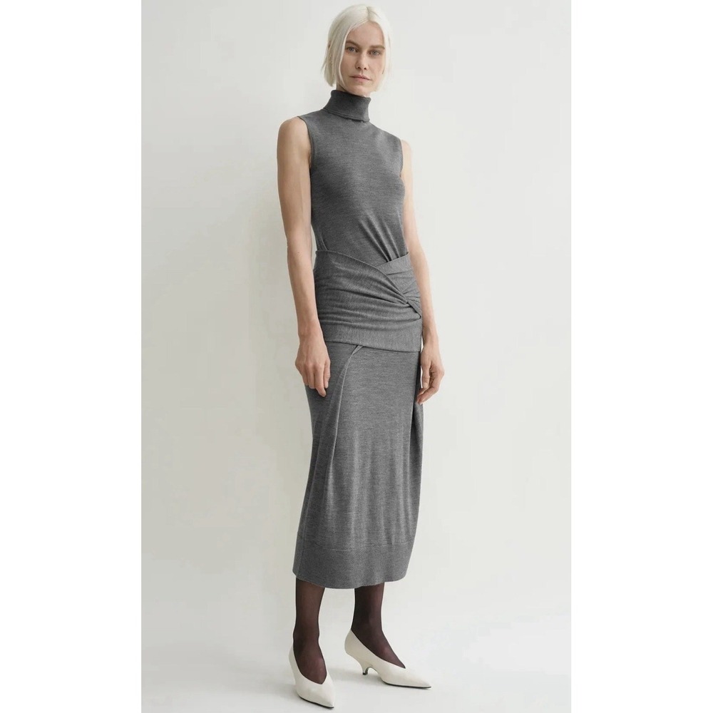 Toteme Turtle Neck Draped Grey Wool-Silk Knit Maxi Dress Sleeveless stretchy L - Picture 14 of 16